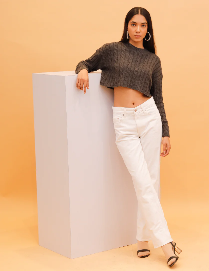 Women Grey Cable Knit Sweater - Image 3