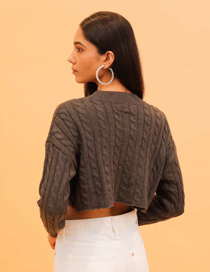 Women Grey Cable Knit Sweater - Image 4
