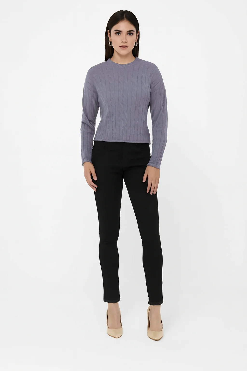 Women Grey Cable Knit Sweater - Image 4