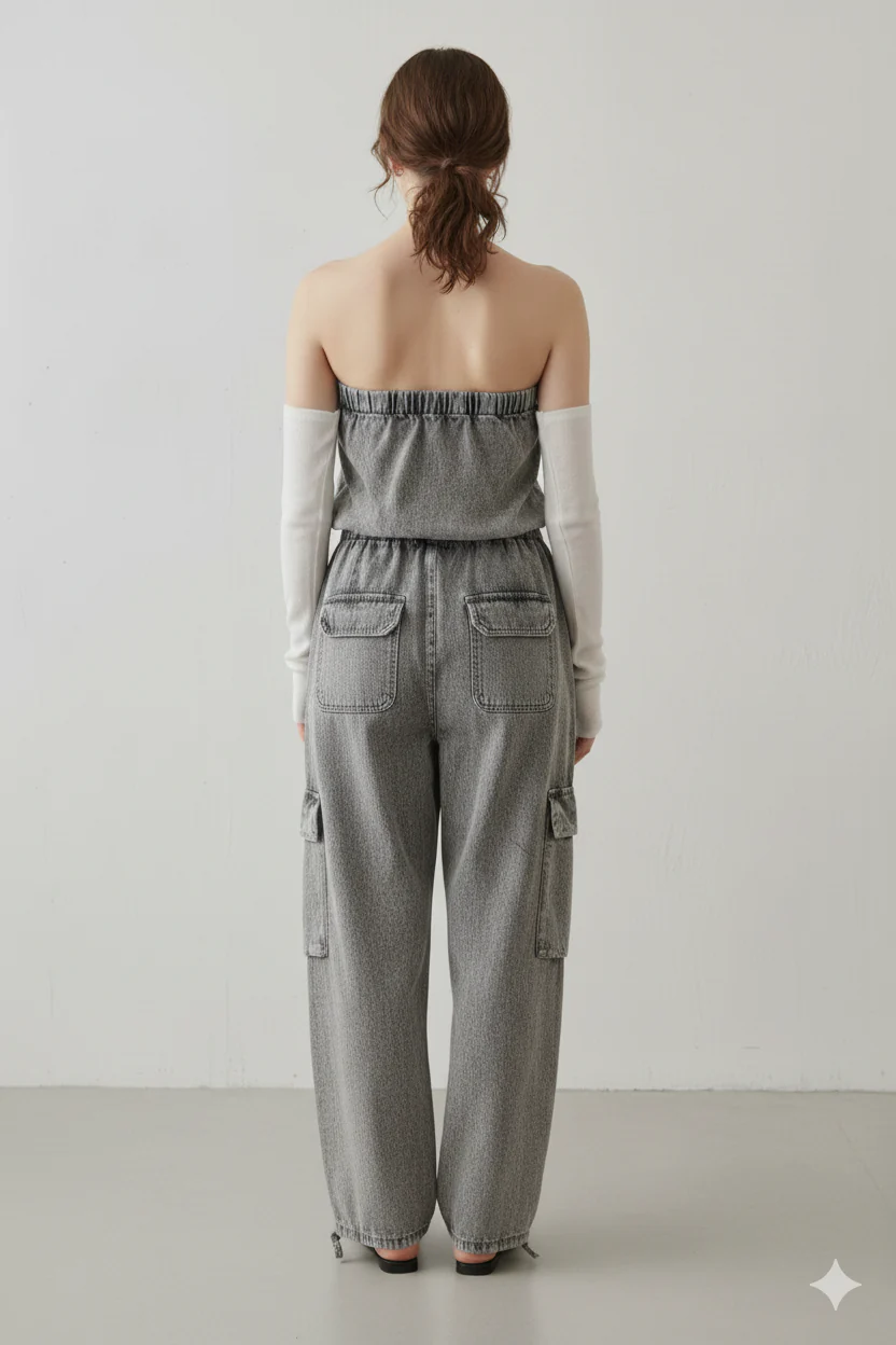 Women Grey Cotton Tube Cargo Jumpsuit - Image 2