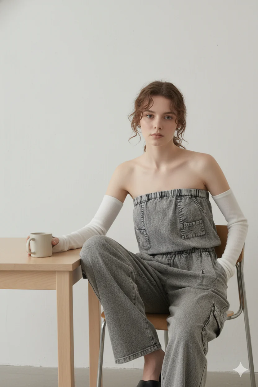 Women Grey Cotton Tube Cargo Jumpsuit - Image 5