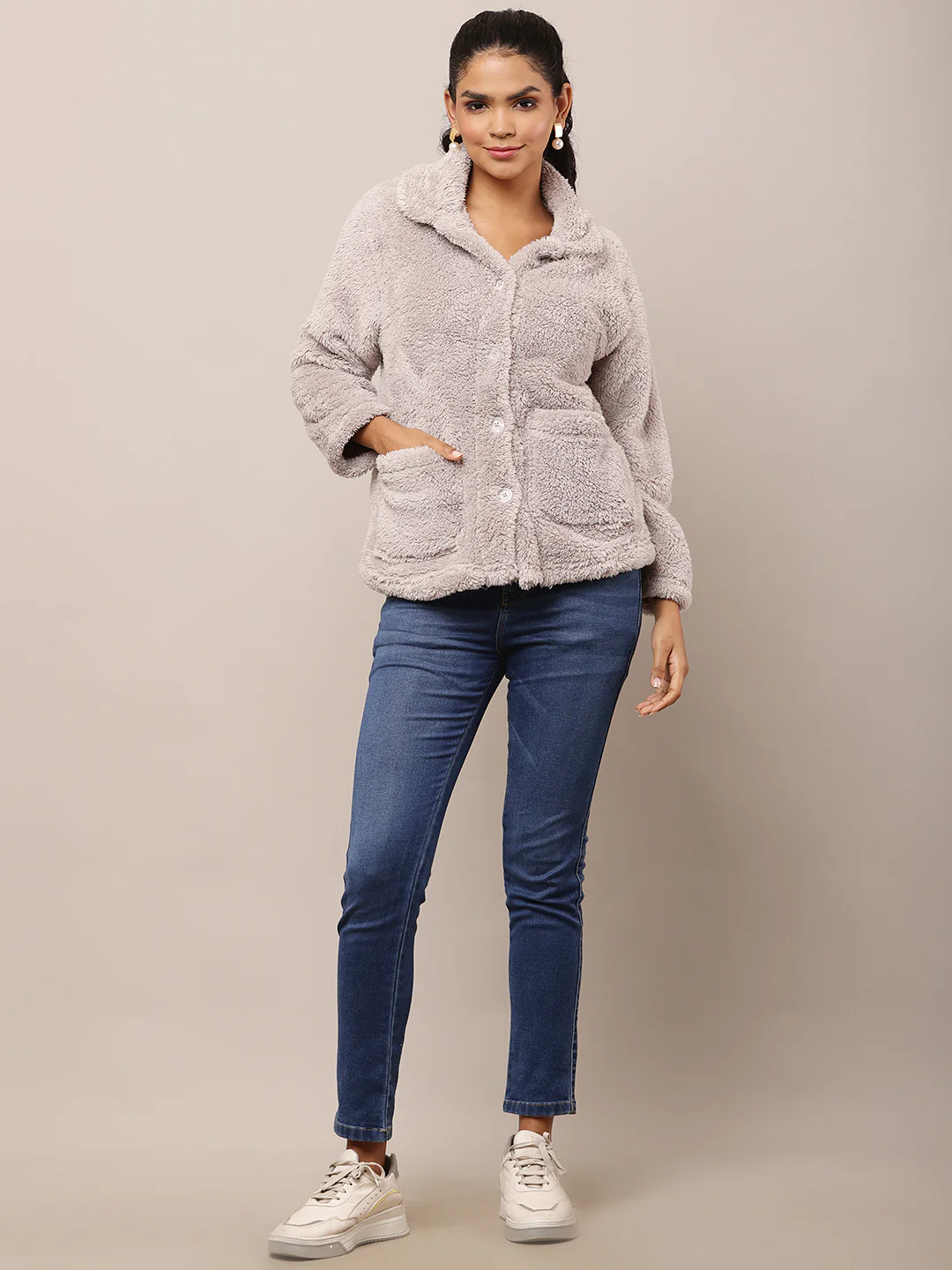 Women Grey Fleece Shirt Collar Jacket - Image 3
