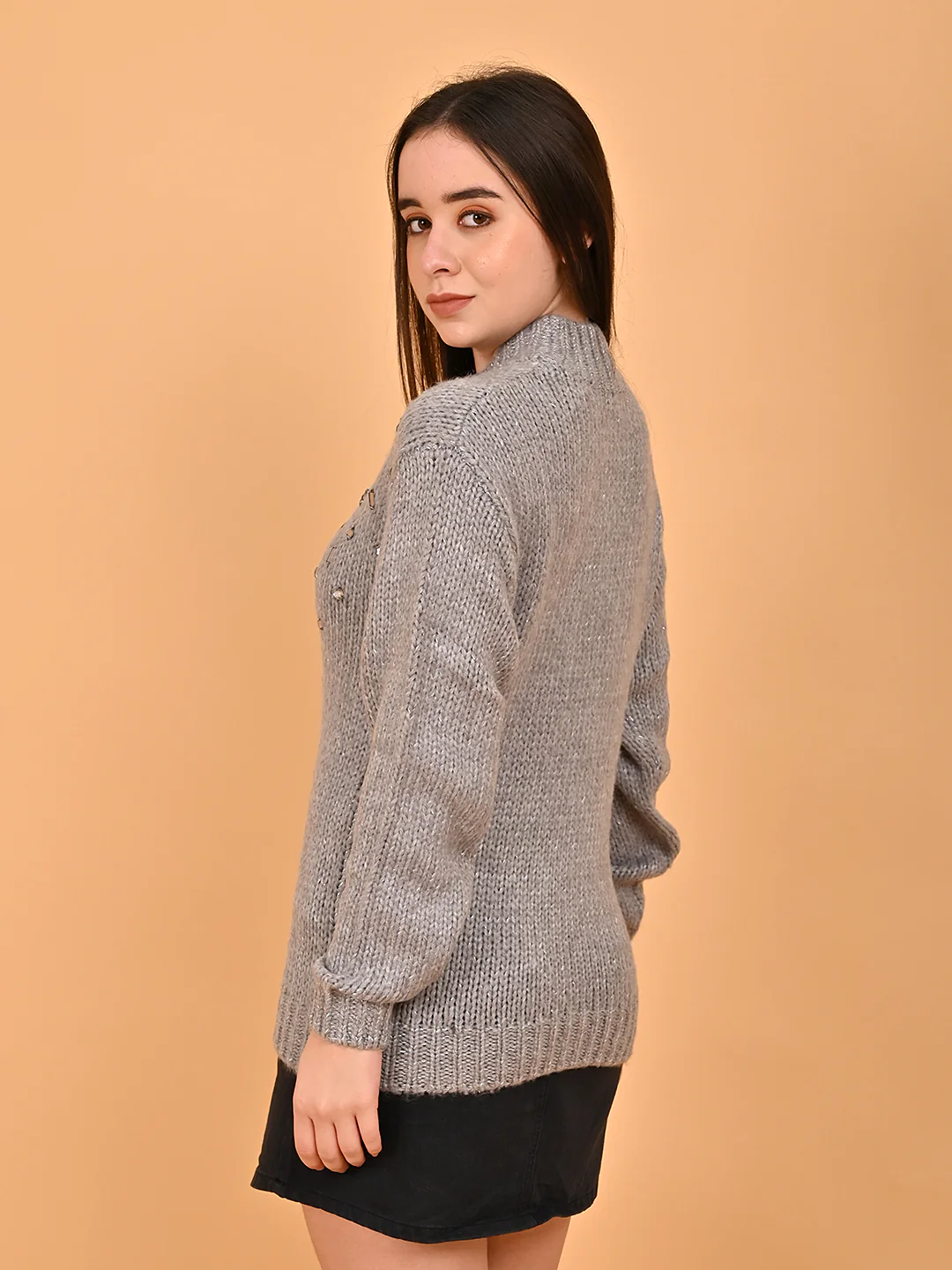 Women Grey Mock Neck Sweater - Image 3