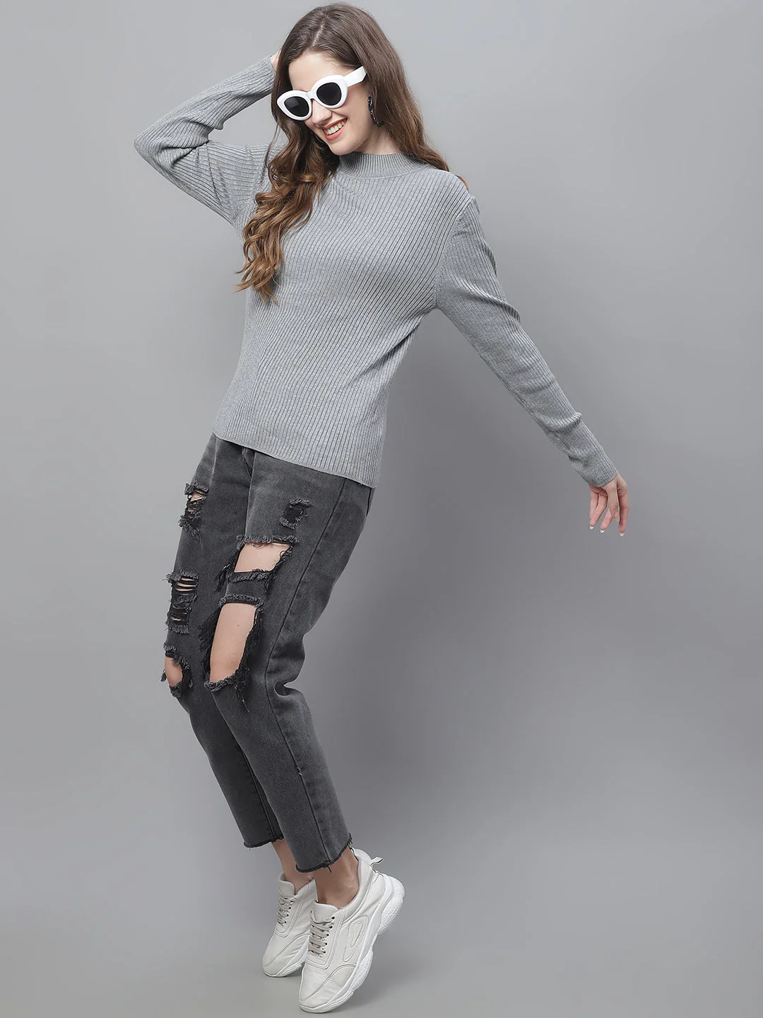 Women Grey Ribbed Turtleneck - Image 5