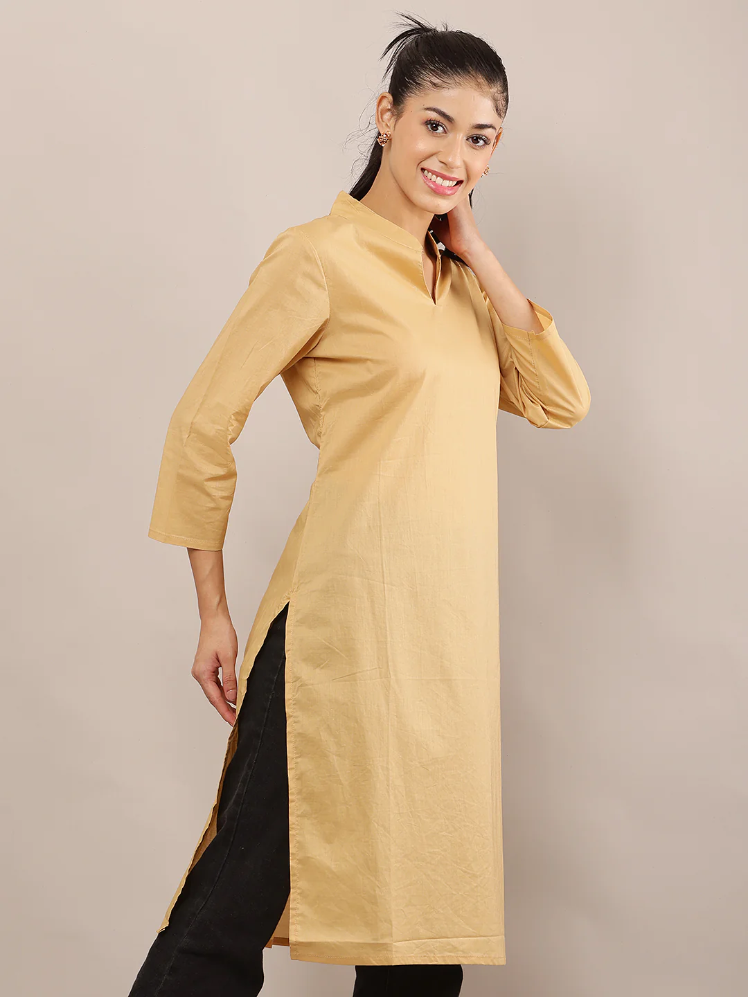 Women Khaki Viscose Kurta with V-Neck - Image 2