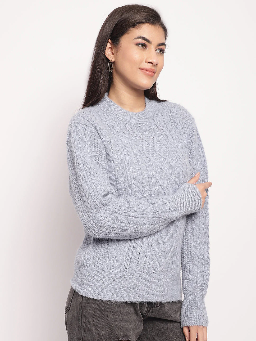 Women Light Blue Cable Knit Sweater - Image 3