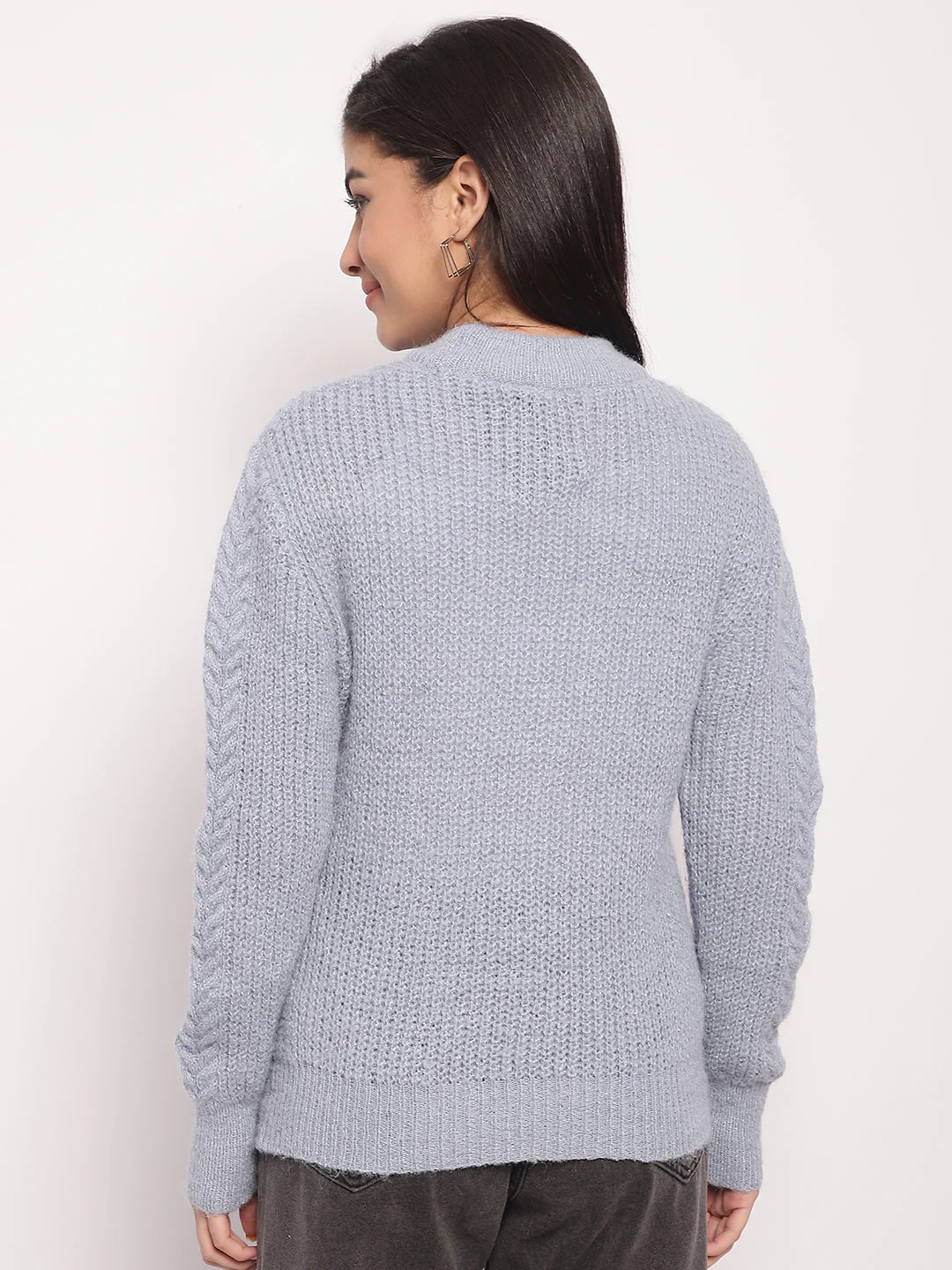 Women Light Blue Cable Knit Sweater - Image 4