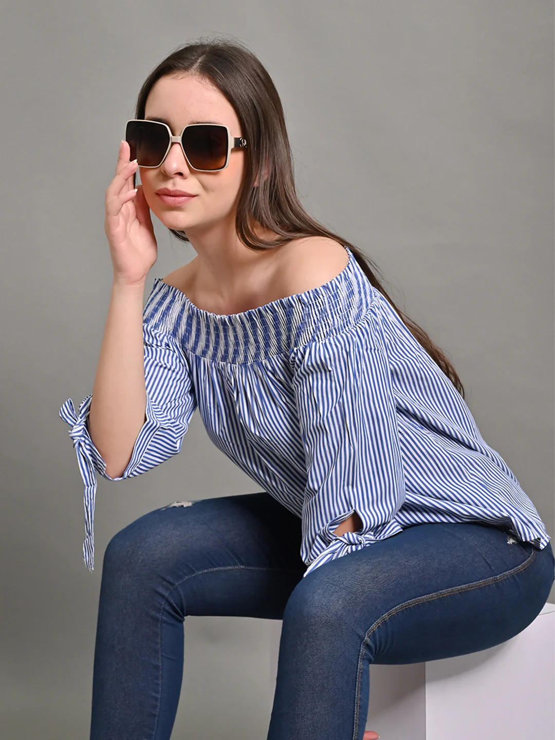 Women Light Blue Off Shoulder Top - Image 6