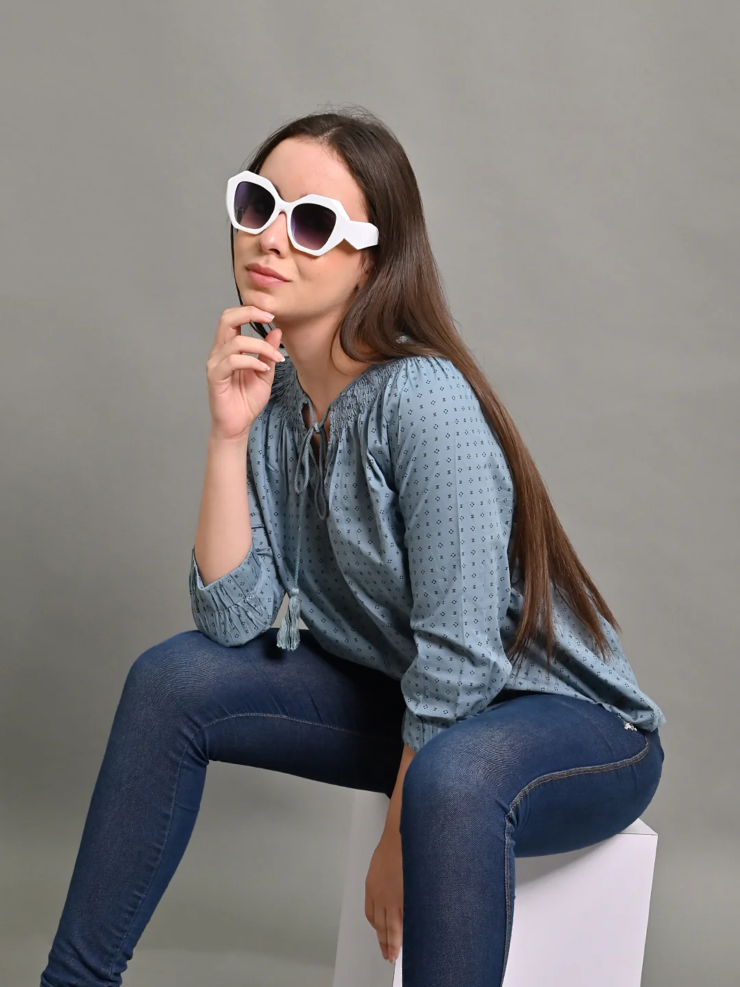 Women Light Blue Round Neck Top - Image 2