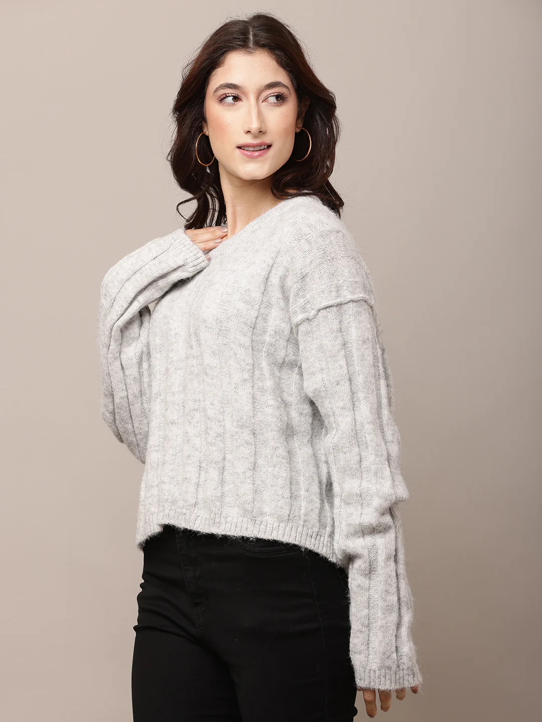 Women Light Grey Baggy Polyester Sweater - Image 2