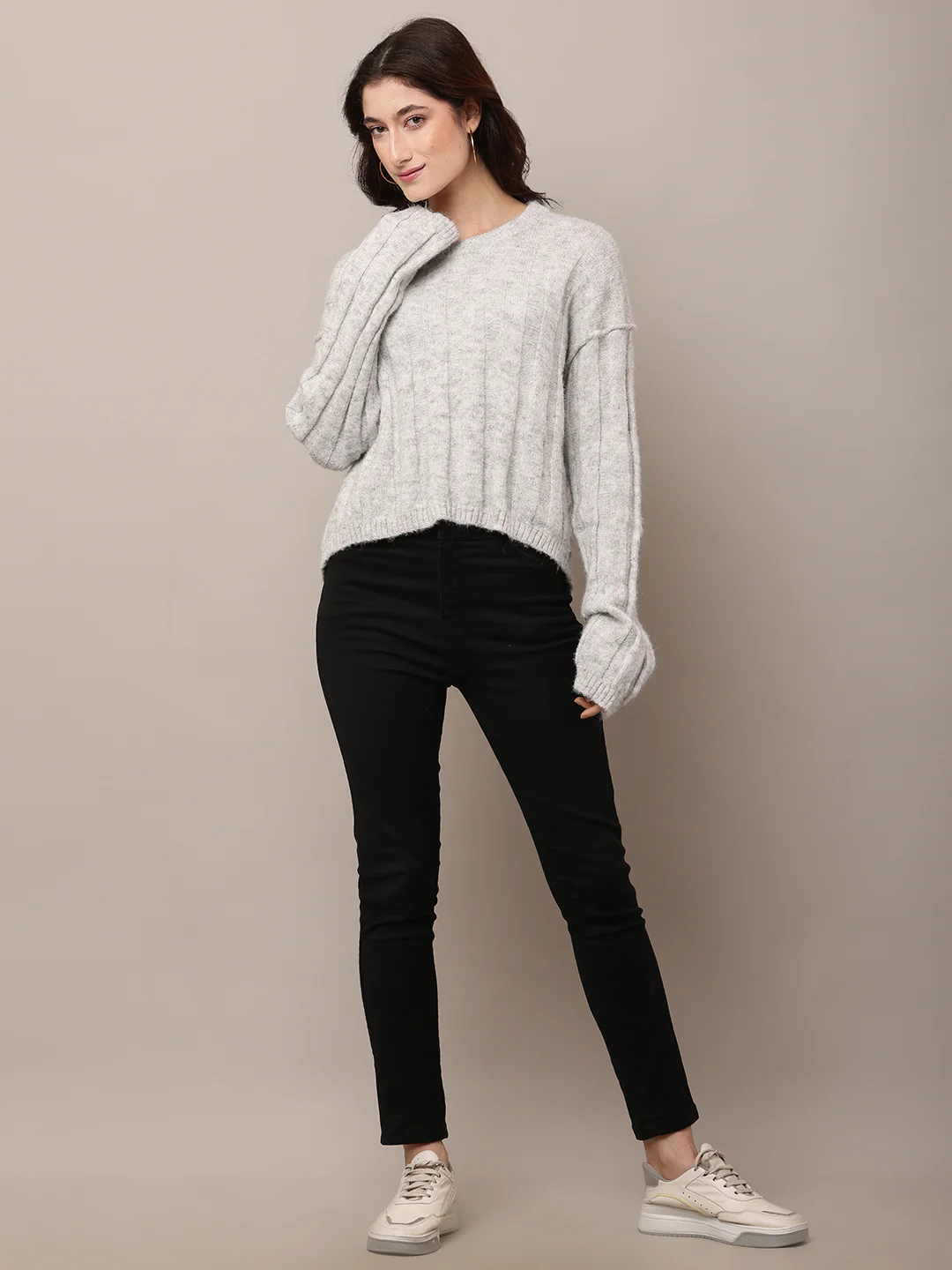 Women Light Grey Baggy Polyester Sweater - Image 3