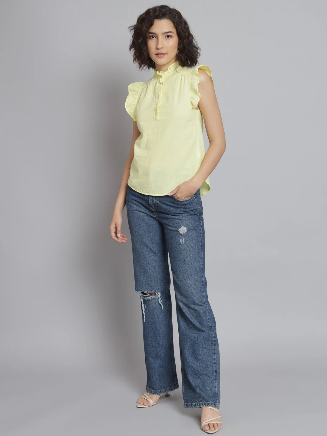 Women Lime Yellow Mandarin Top - Image 2