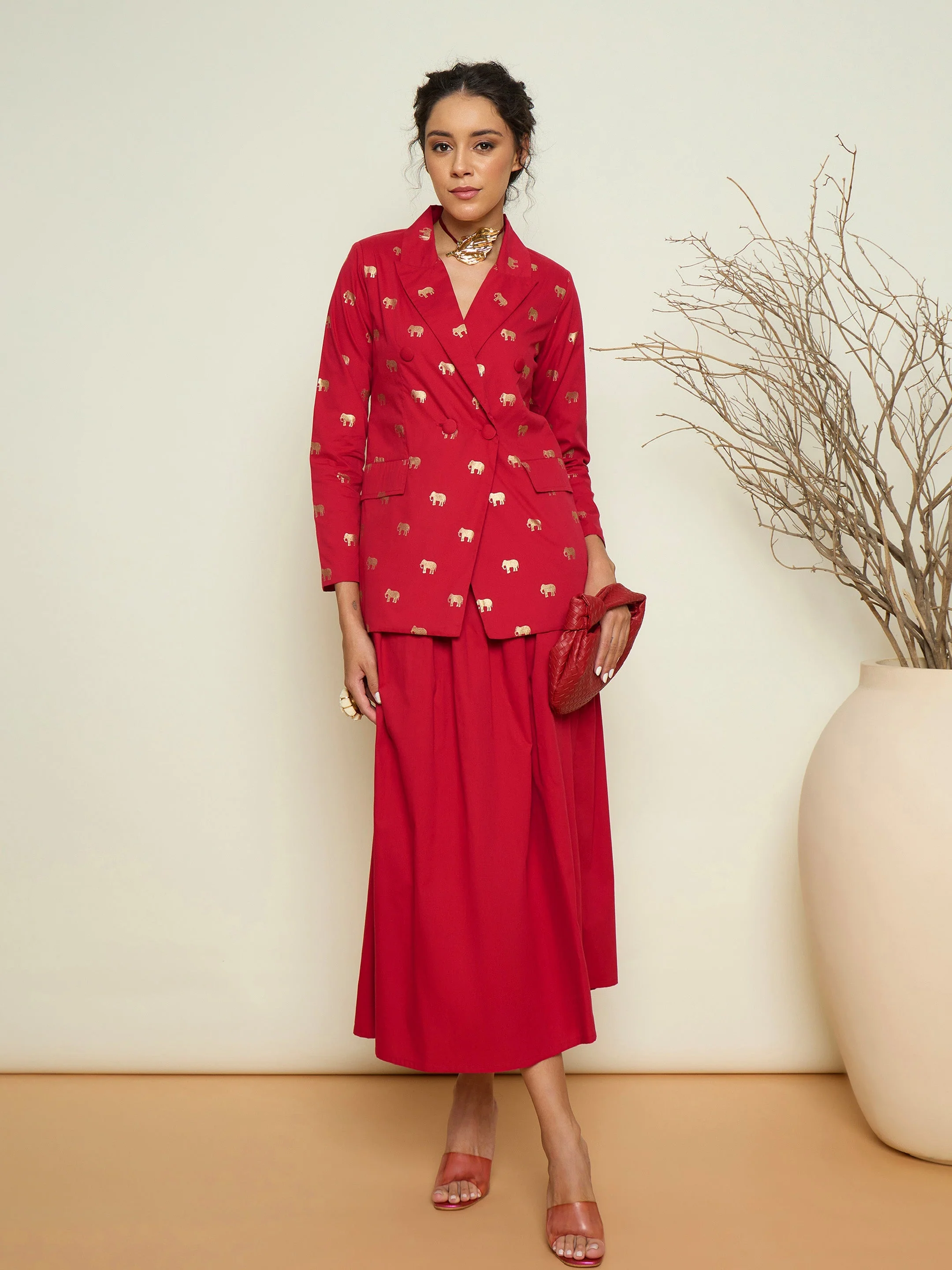Women Magenta Foil Printed Blazer With Gathered Skirt