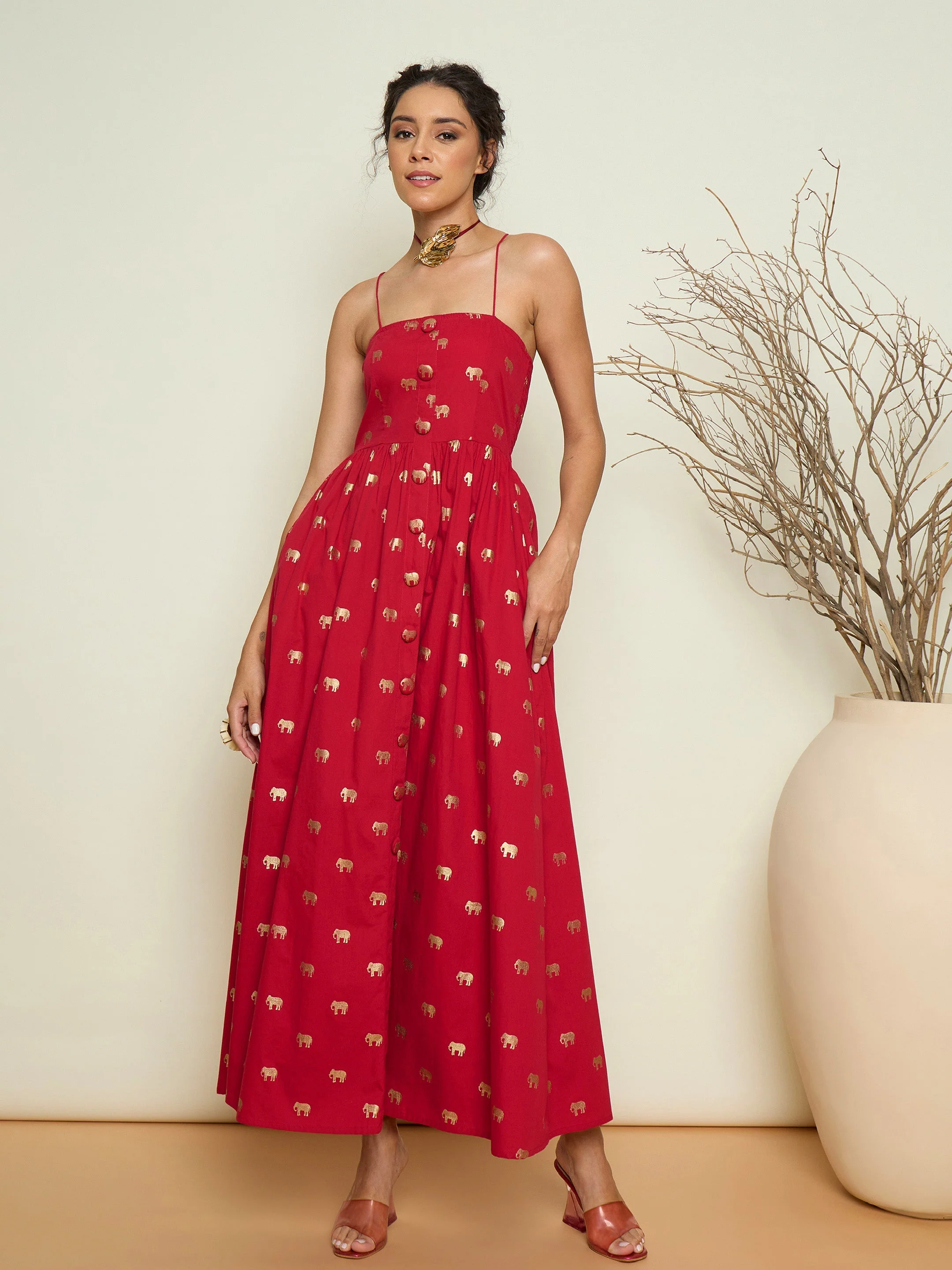 Women Magenta Foil Printed Strappy Front Button Maxi Dress