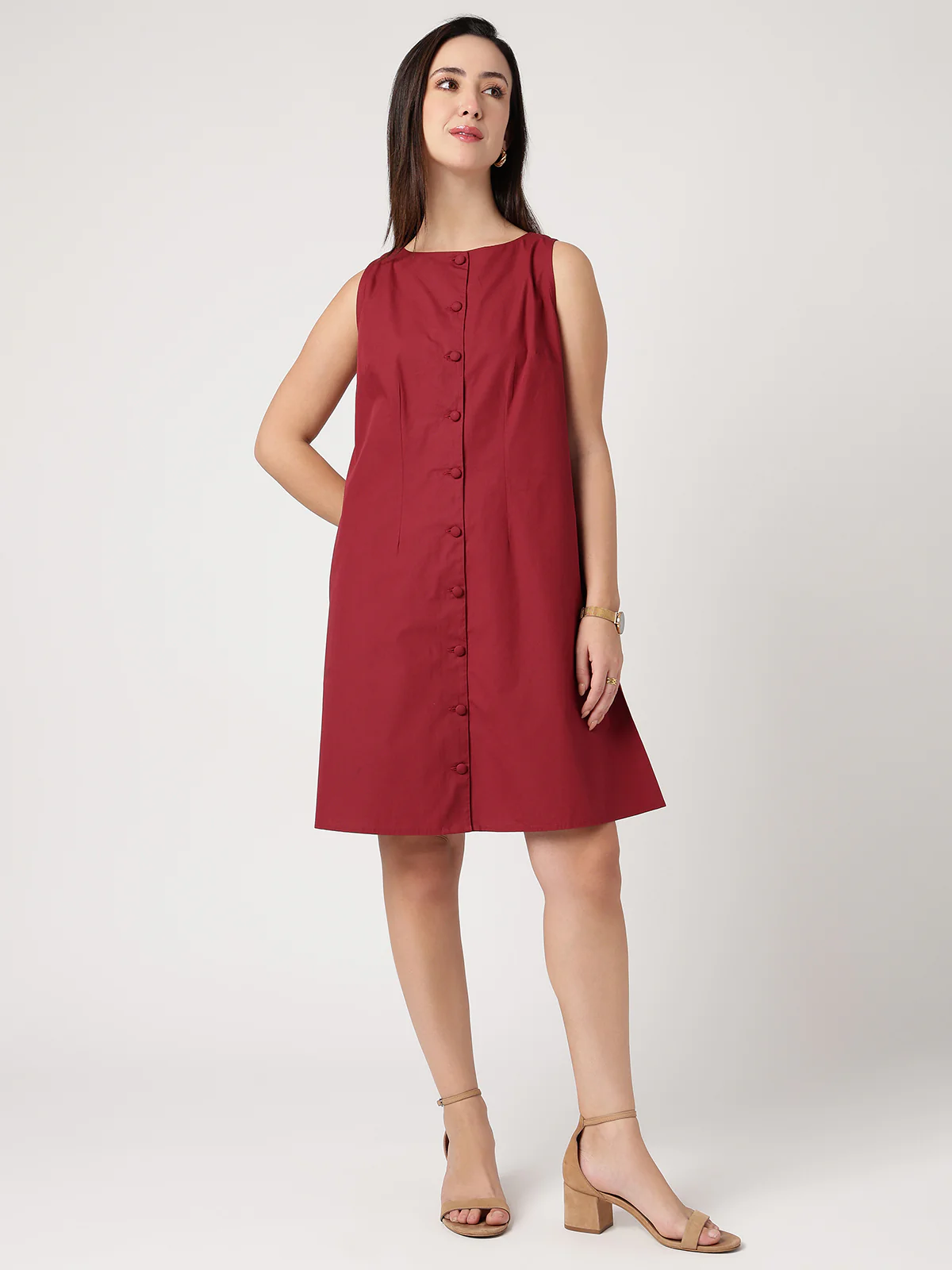 Women Maroon Cotton Buttoned Dress