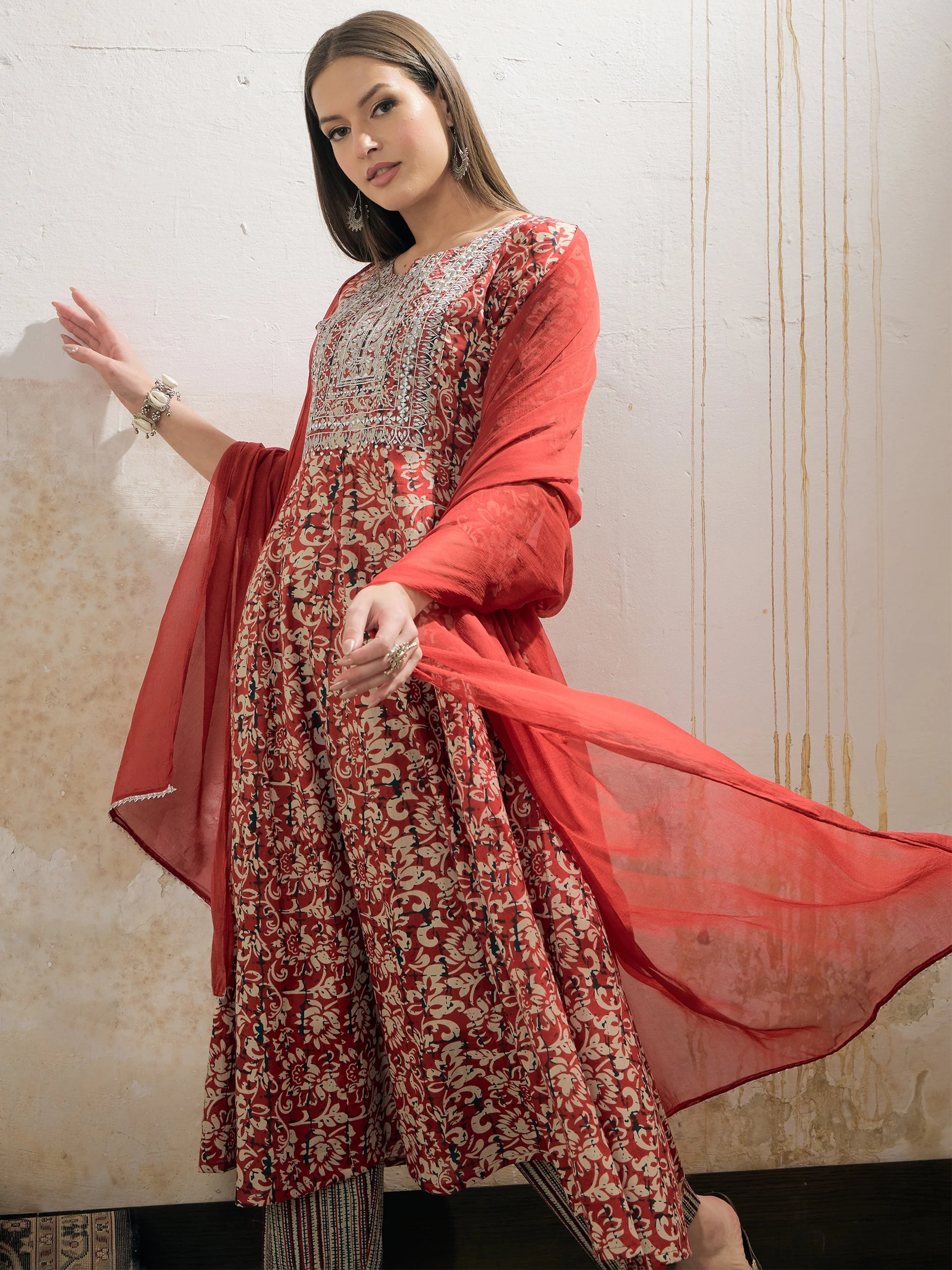 Women Maroon Floral Anarkali Kurta With Pencil Pants & Dupatta