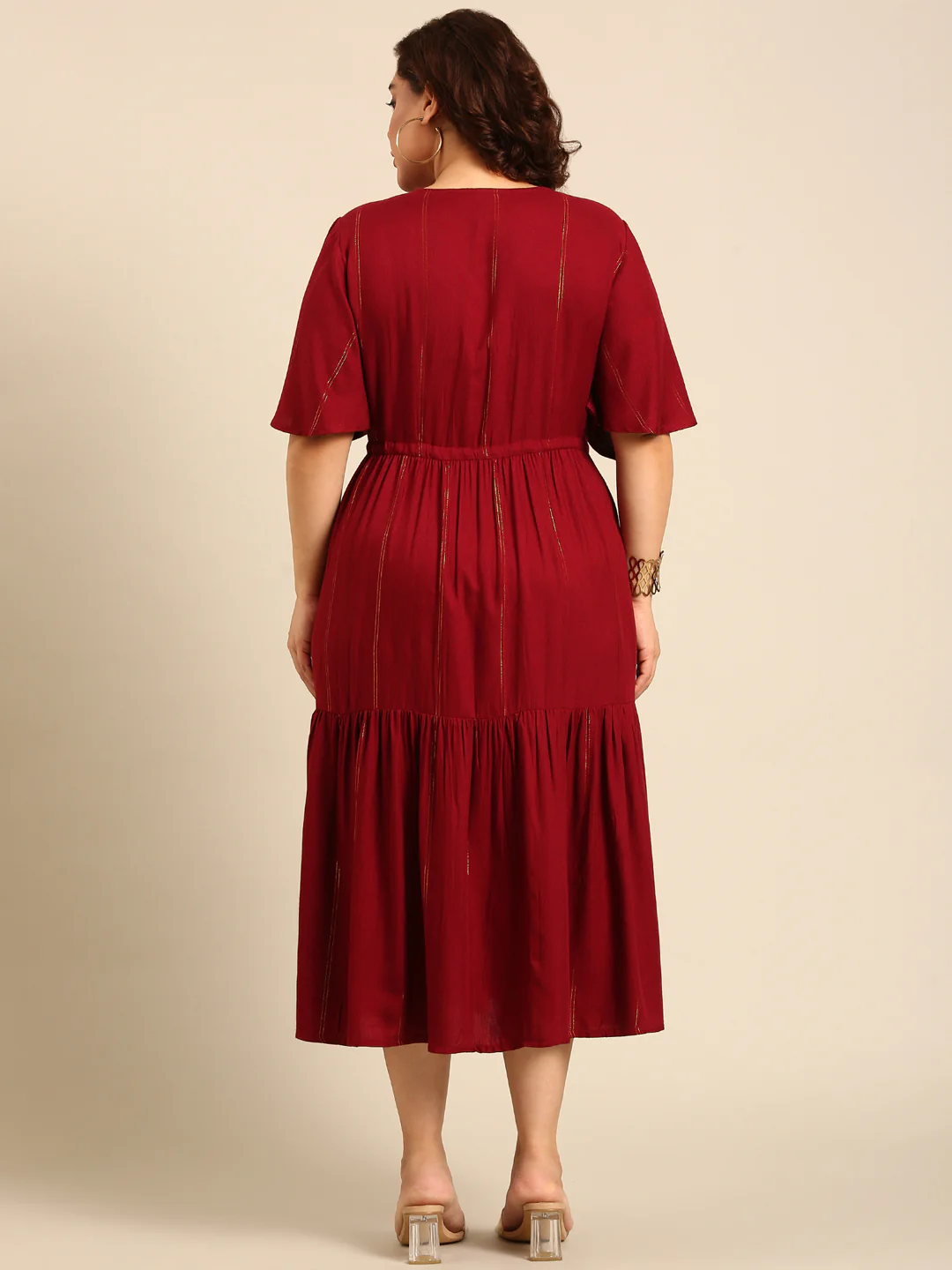 Women Maroon Lurex Maxi Dress - Image 2