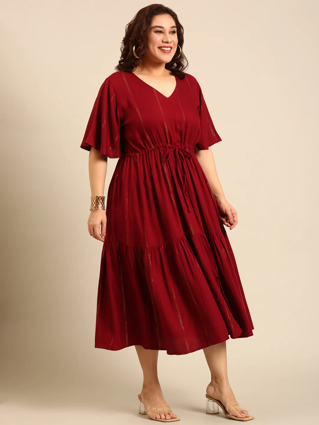 Women Maroon Lurex Maxi Dress - Image 3