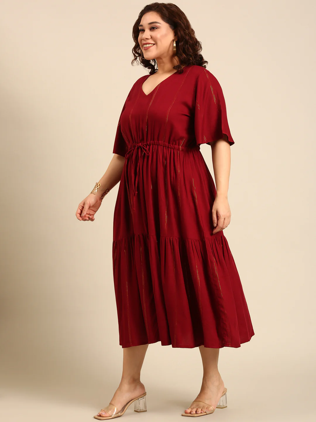 Women Maroon Lurex Maxi Dress - Image 5