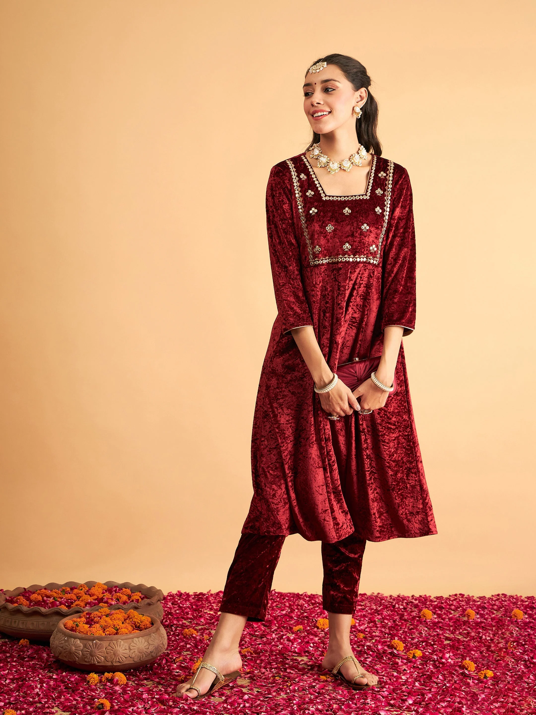 Women Maroon Velvet Embroidered Anarkali Dress