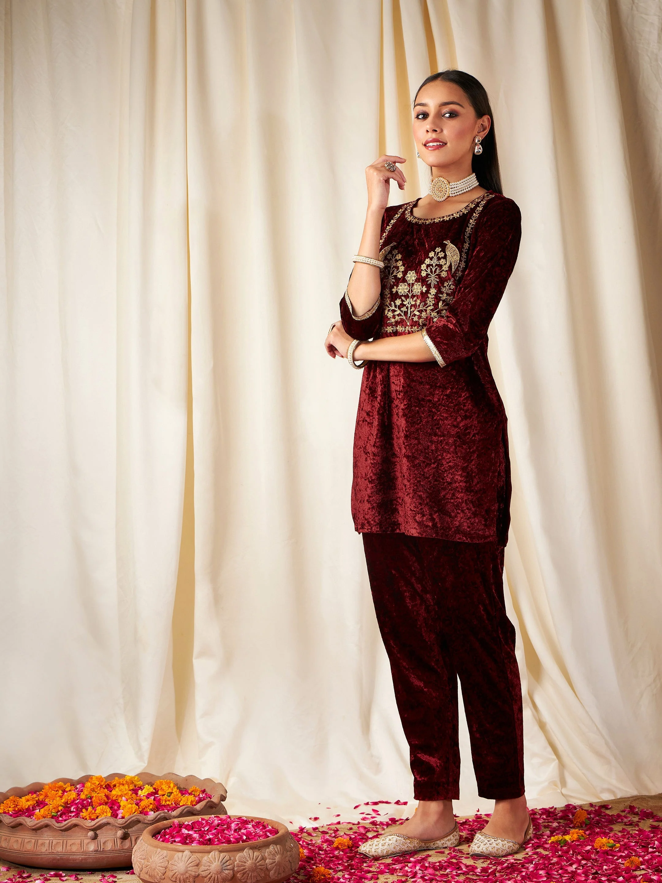 Women Maroon Velvet Embroidered Yoke Short Kurta - Image 3