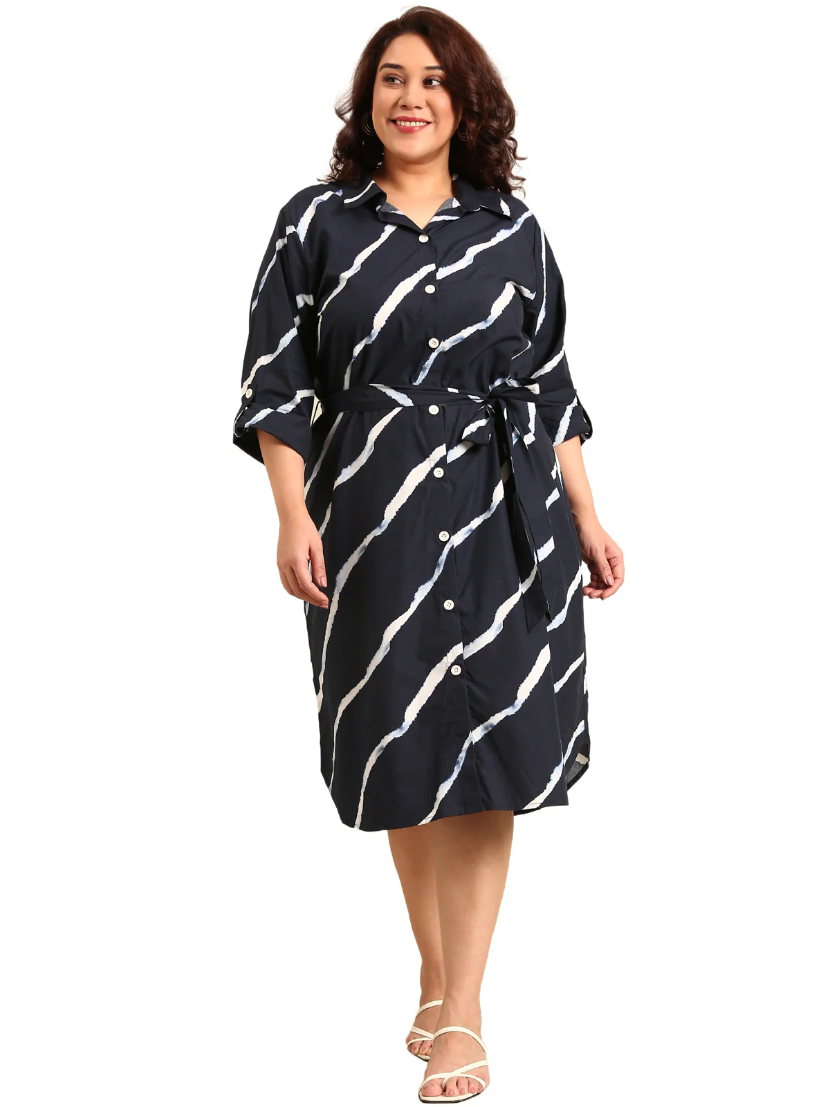 Women Navy Bias Striped Shirt Dress - Image 3