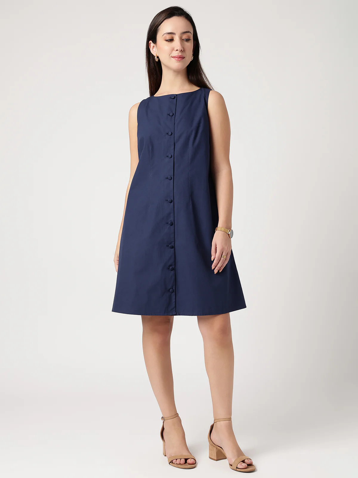 Women Navy Blue Cotton Buttoned Dress