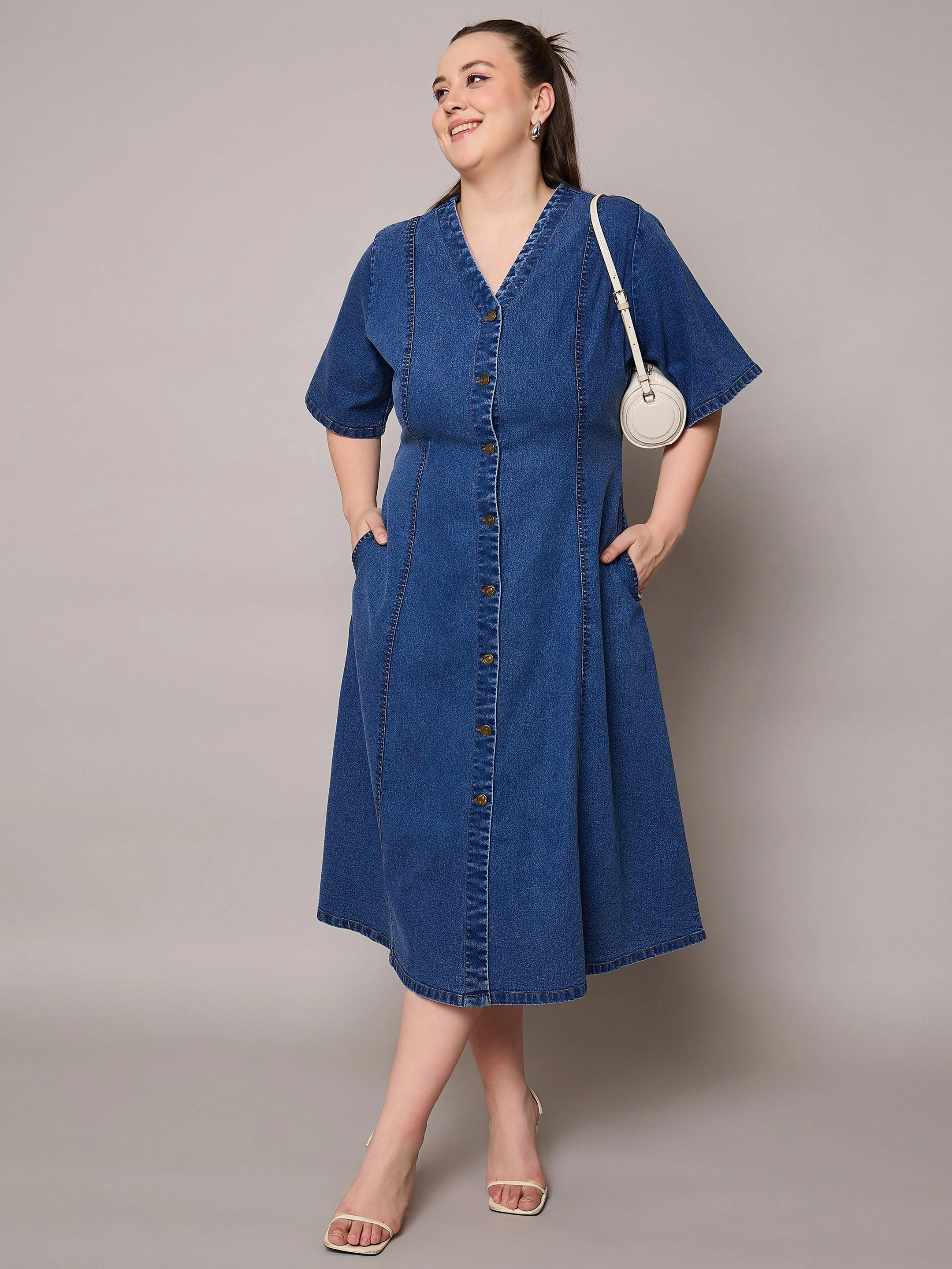 Women Navy Denim V Neck Midi Dress