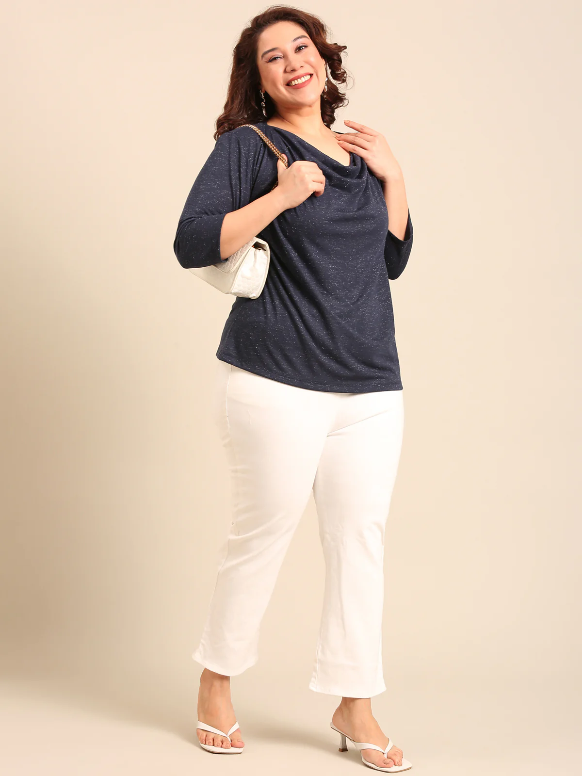 Women Navy Lurex Cowl Neck Top - Image 7