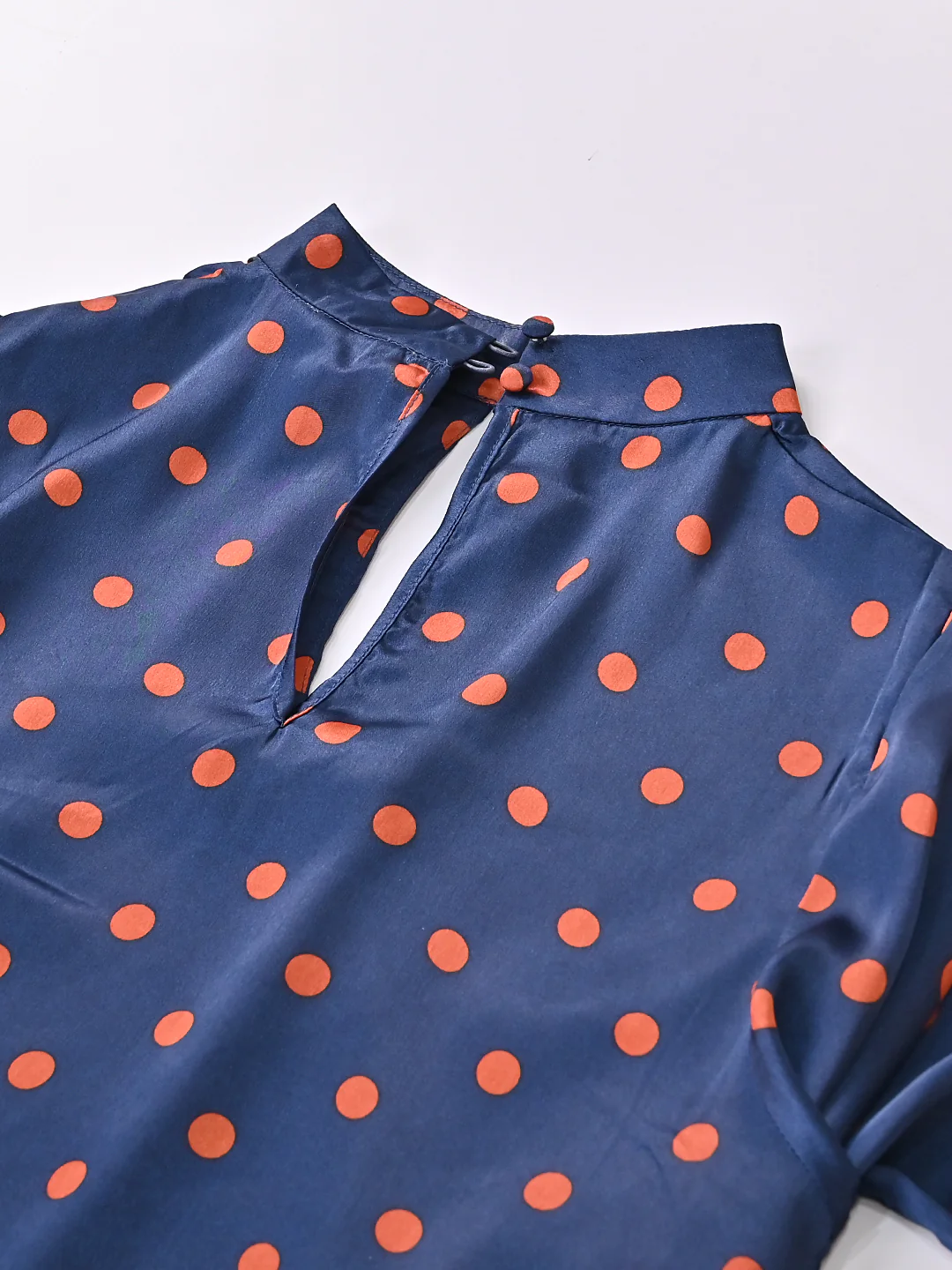 Women Navy Polka Dot V Neck Top - Image 5