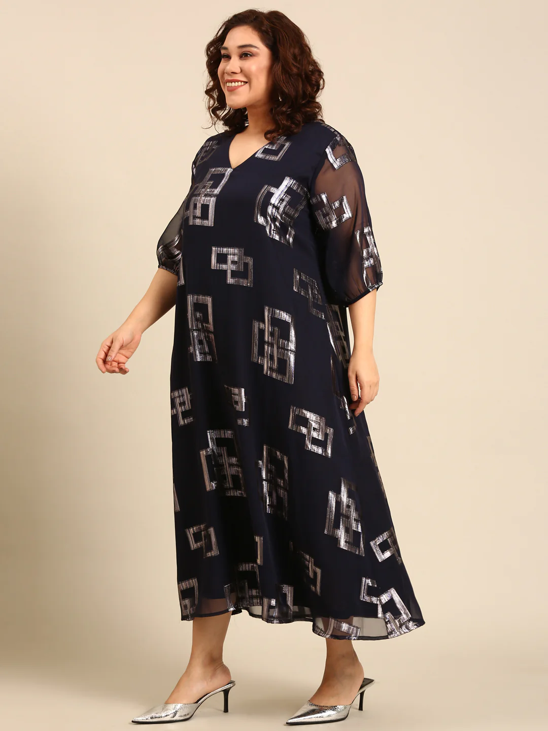 Women Navy Printed Party Dress - Image 3