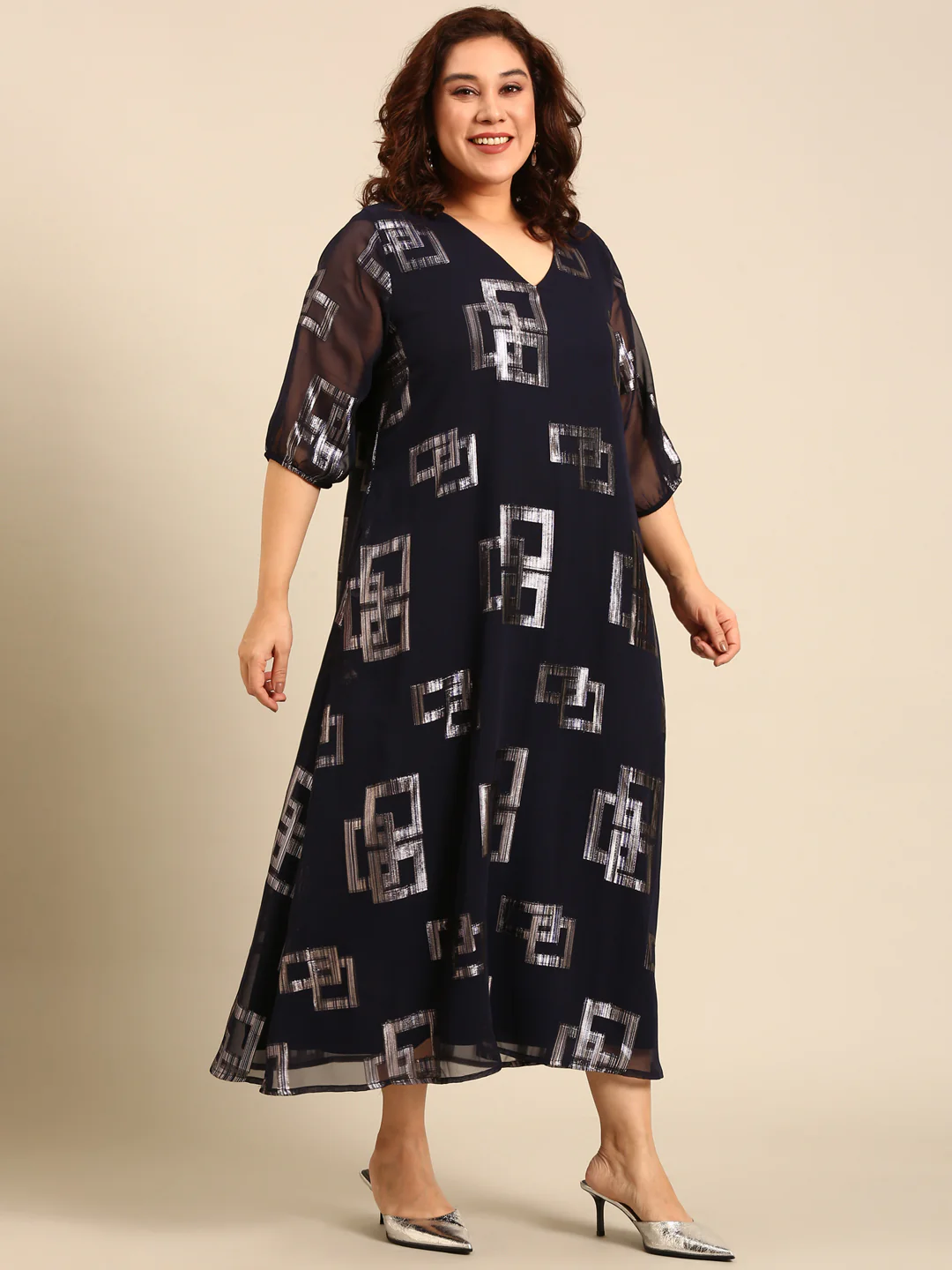 Women Navy Printed Party Dress - Image 5