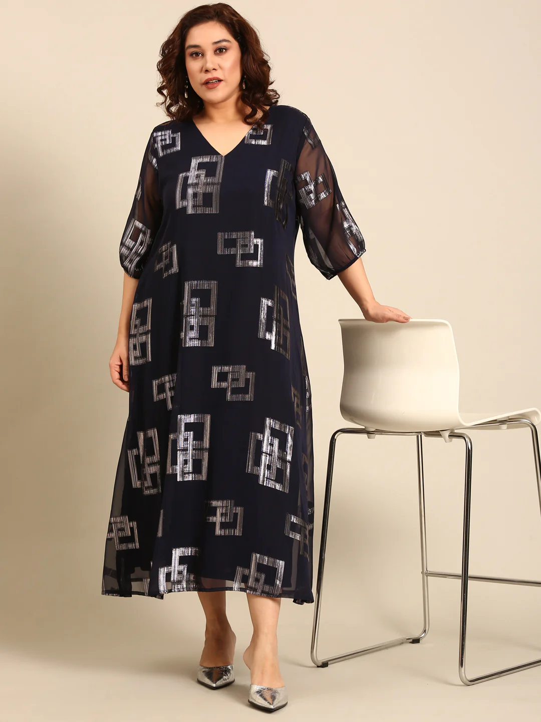 Women Navy Printed Party Dress - Image 7