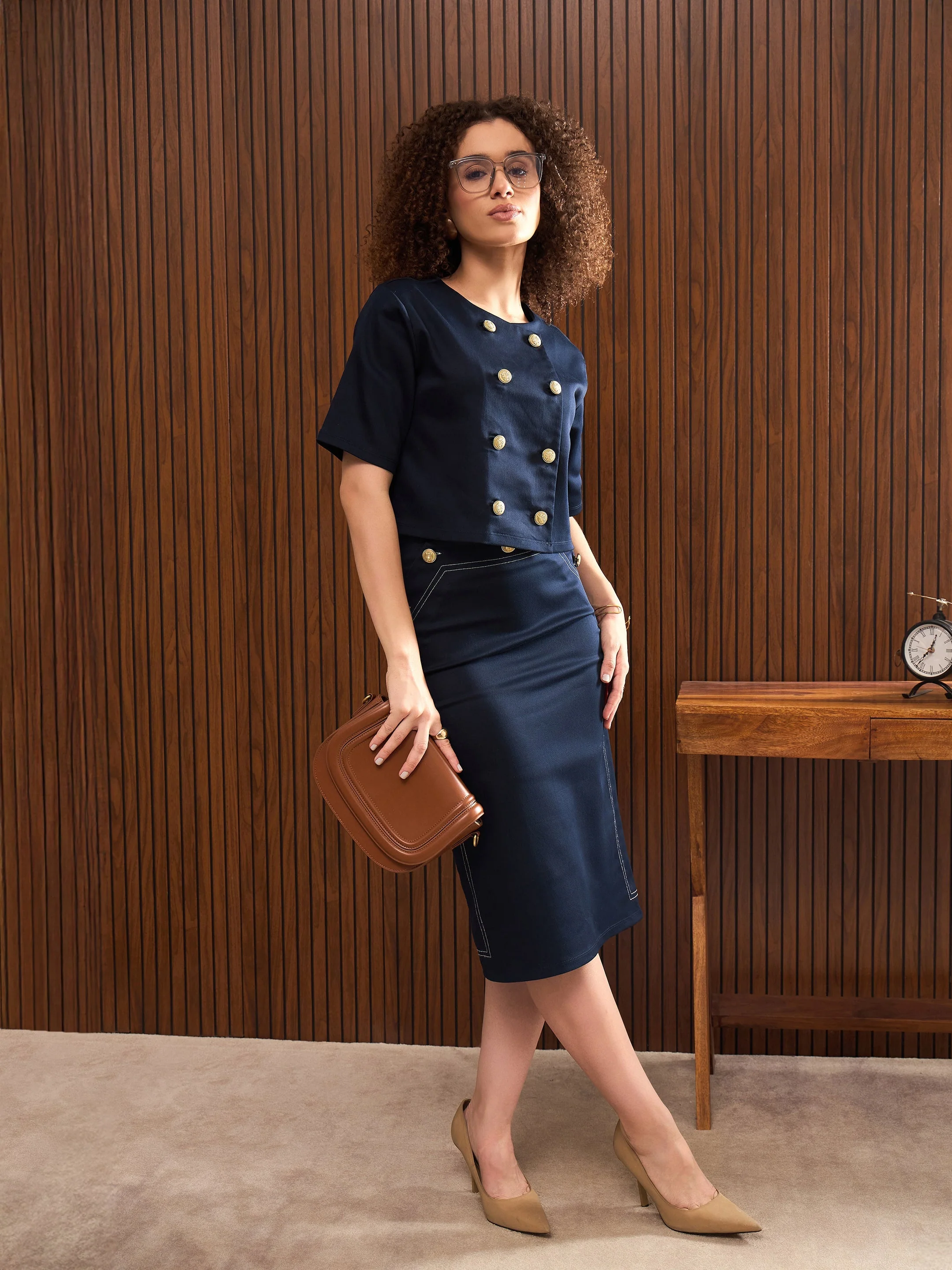 Women Navy Twill Double Breast Top With Short Skirt