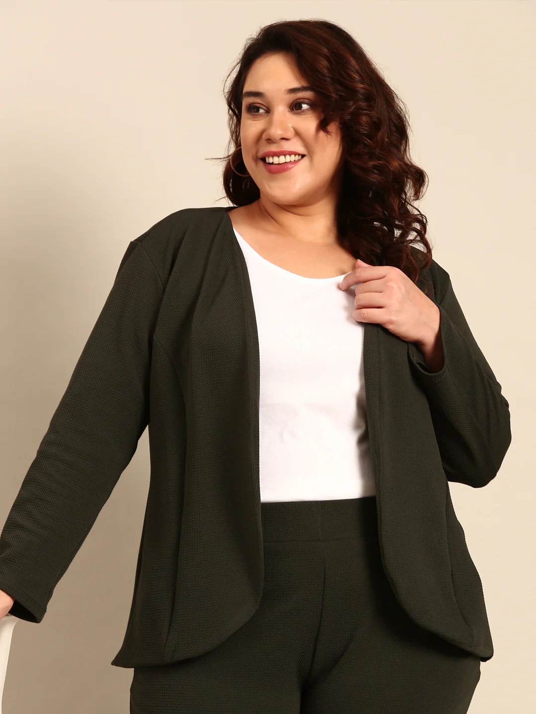 Women Olive Embossed Open Jacket - Image 3