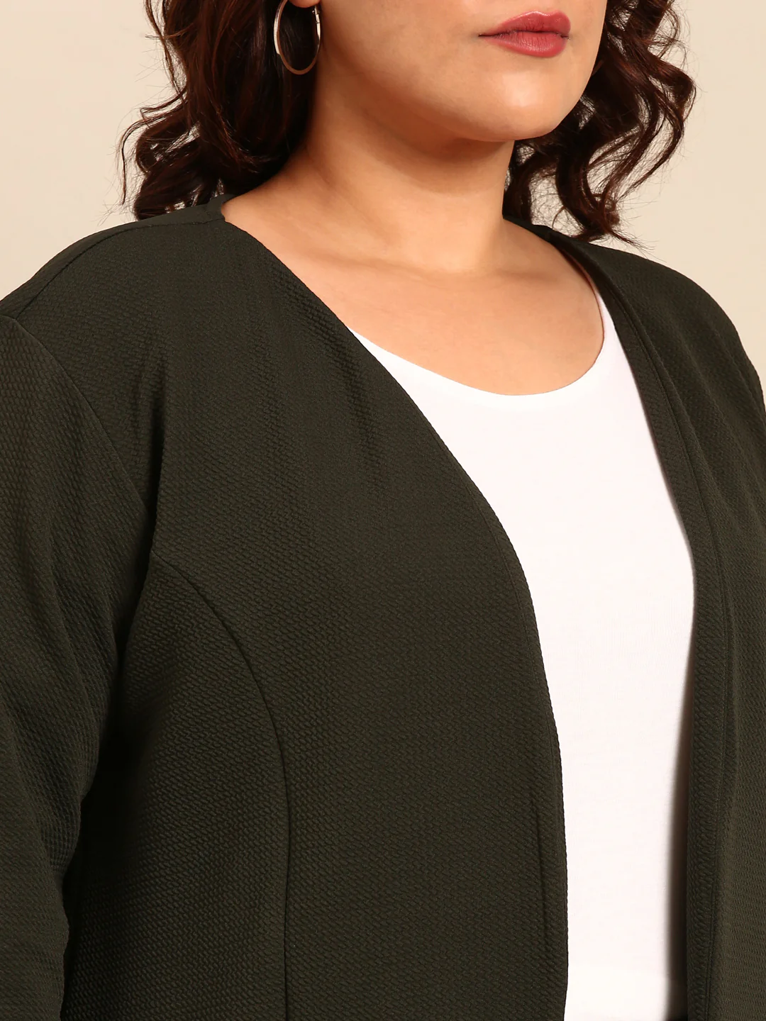 Women Olive Embossed Open Jacket - Image 4