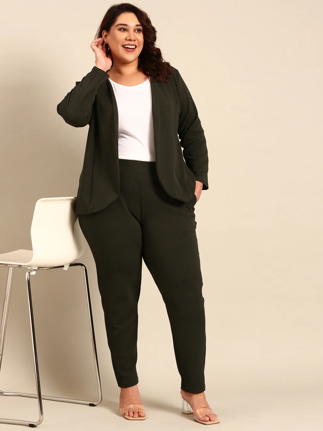 Women Olive Embossed Open Jacket - Image 6