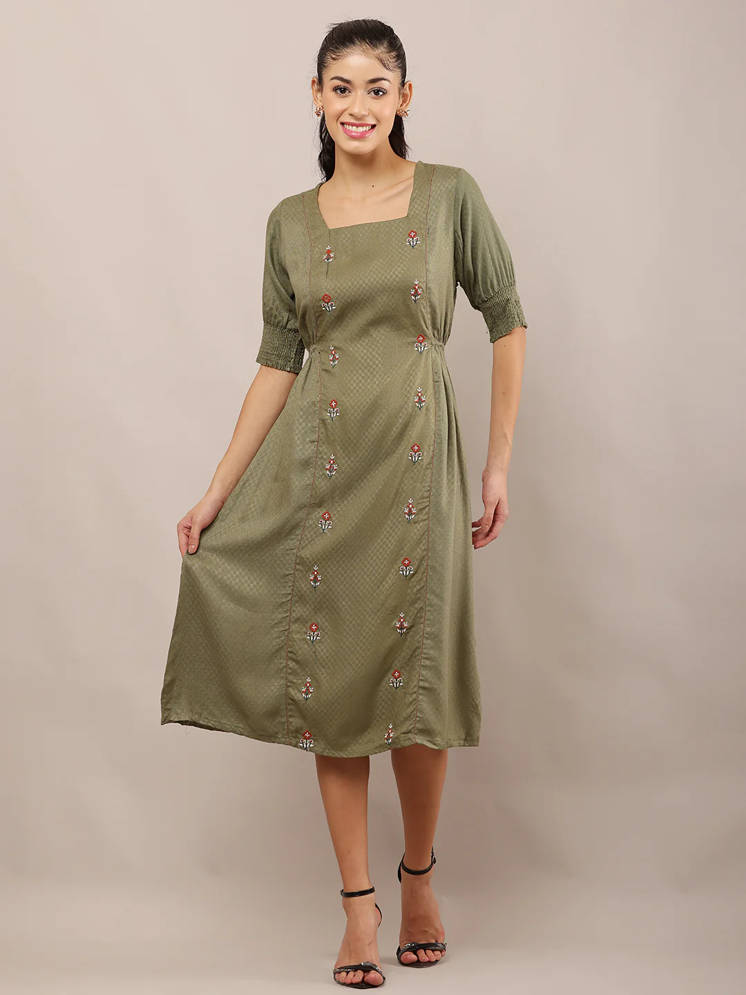 Women Olive Green Embroidered Viscose Midi Dress