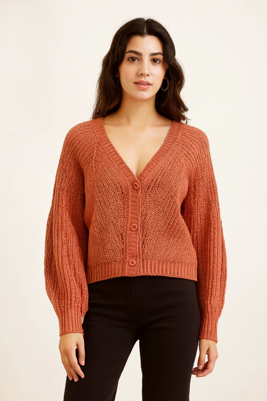 Women Orange Acrylic Button-Down Cardigan