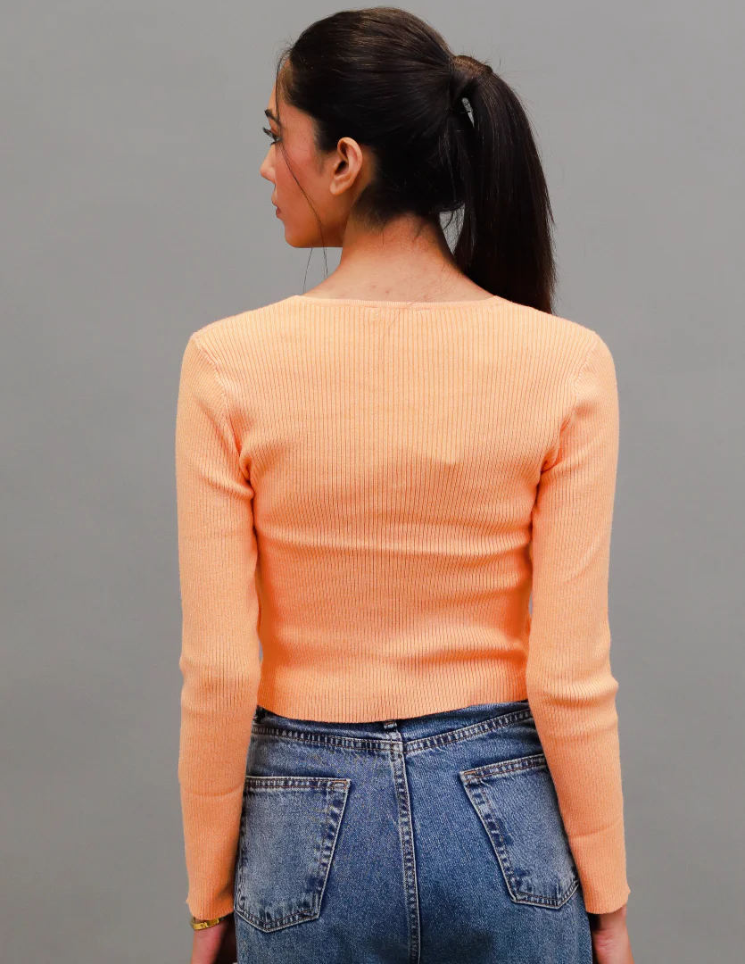 Women Orange Cropped Wrap Cardigan - Image 4