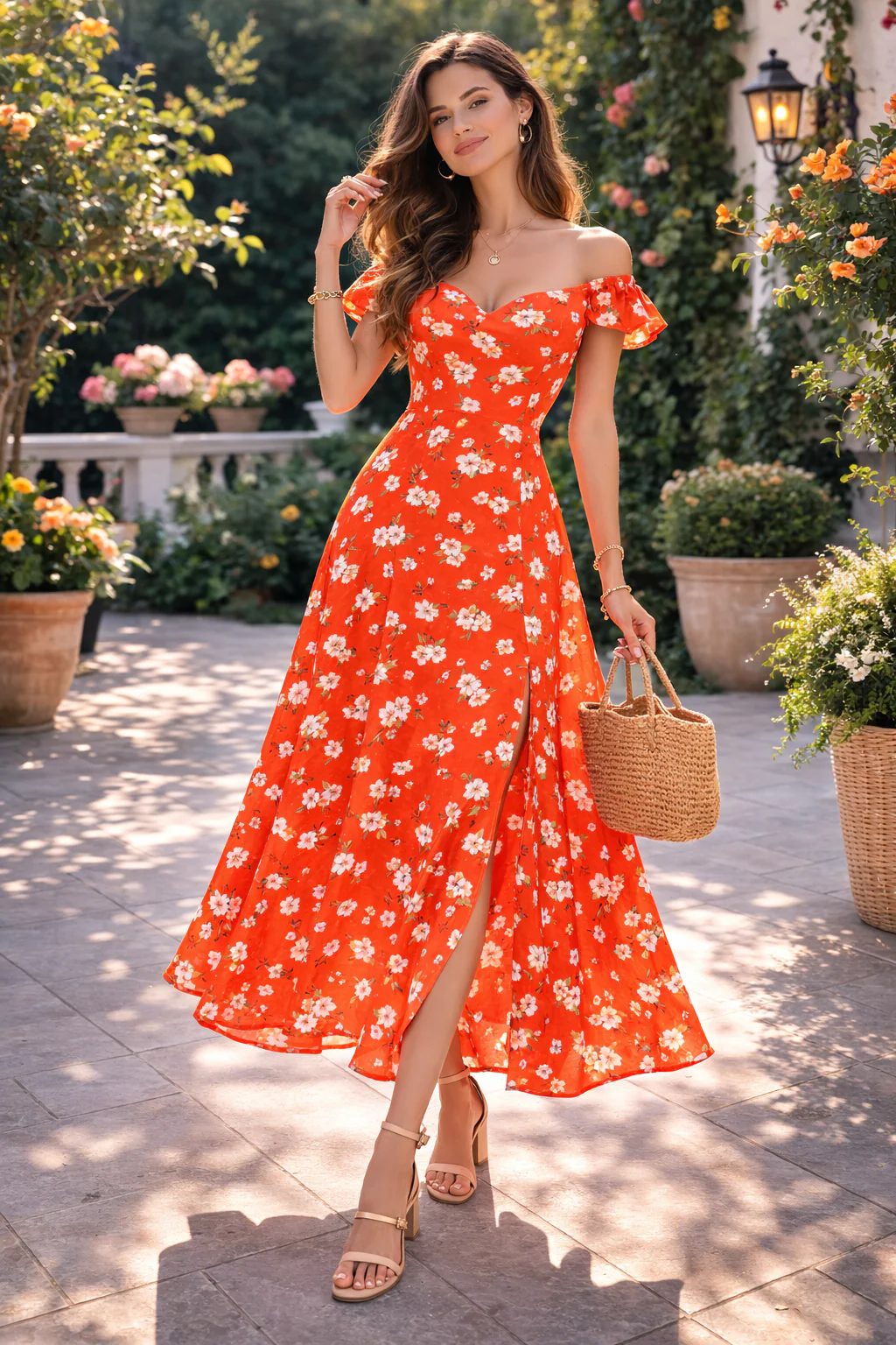 Women Orange Floral Off-Shoulder Midi Dress