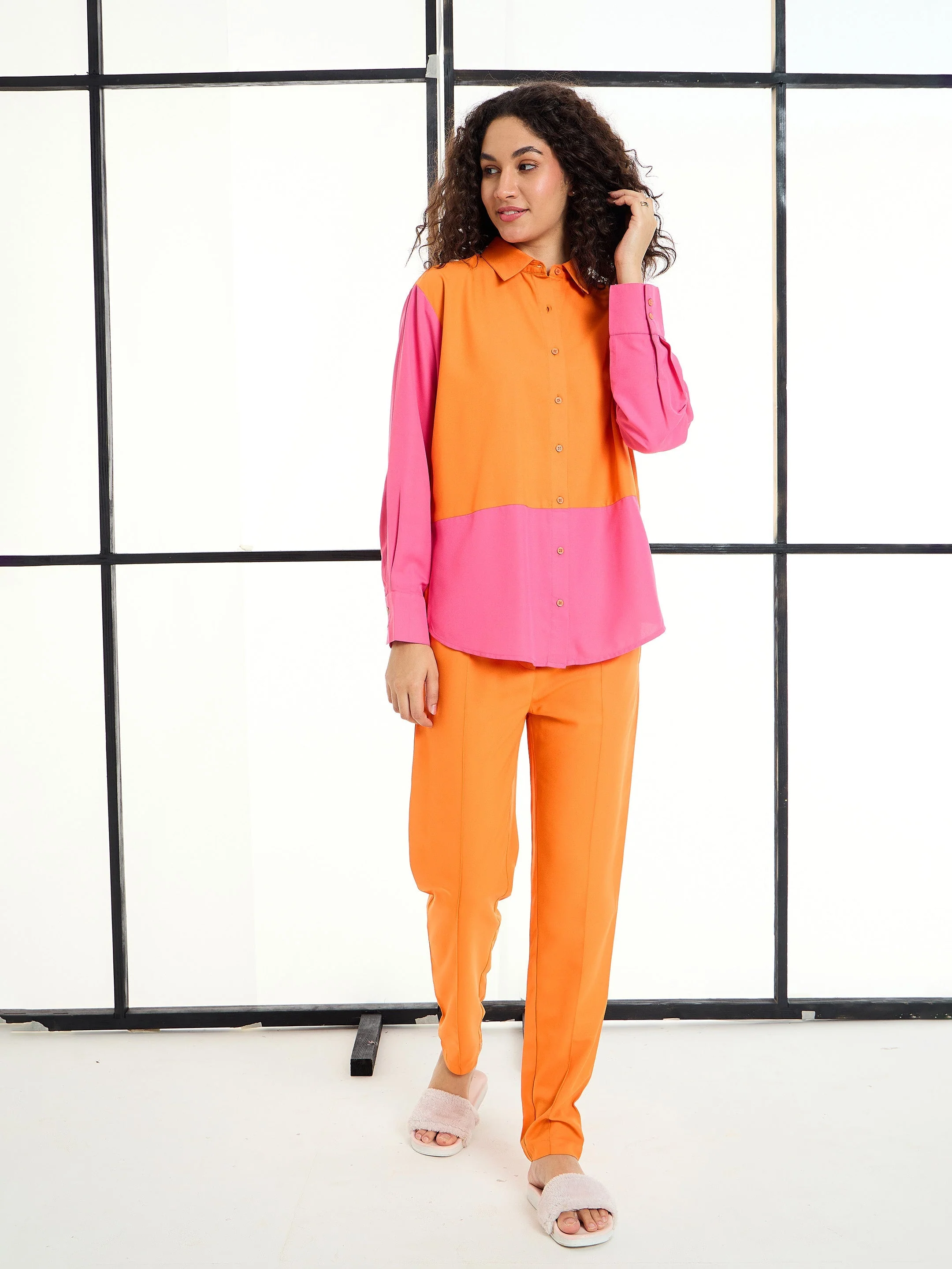 Women Orange & Pink ColorBlock Shirt With Pants