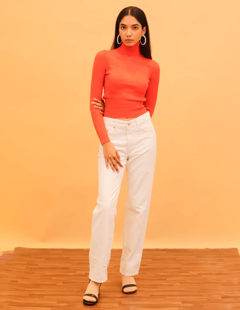Women Orange Ribbed High Neck - Image 3