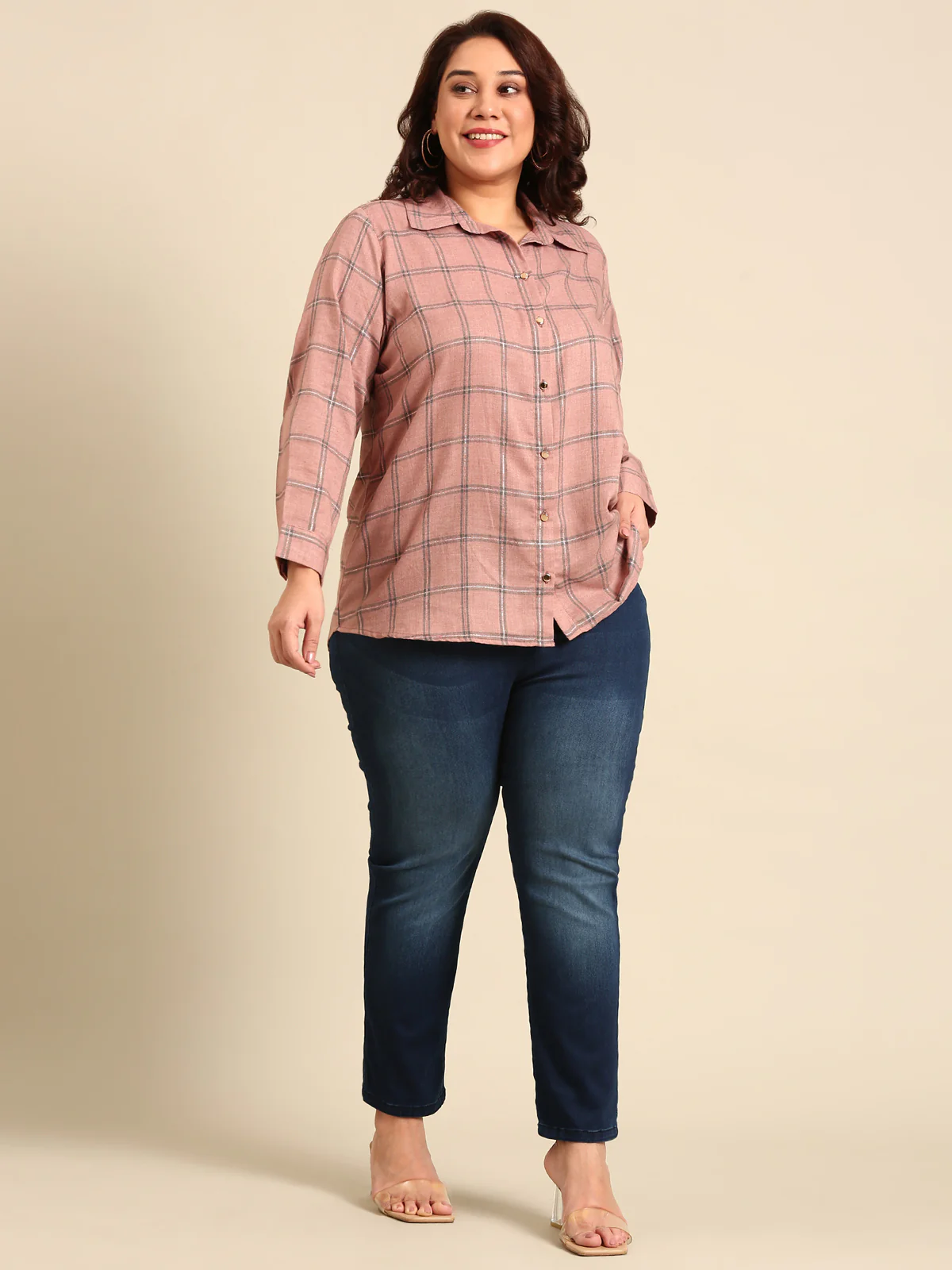 Women Peach Checks Shirt - Image 5