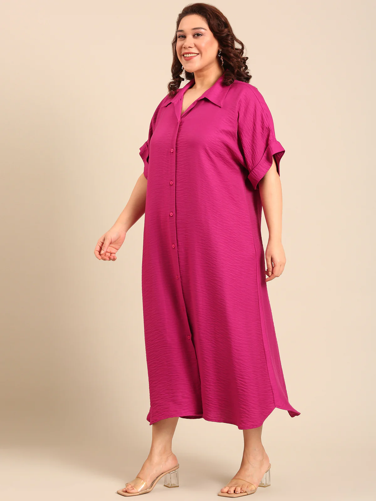 Women Pink Button Down Dress - Image 3