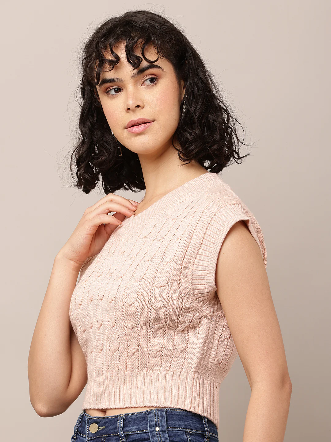 Women Pink Cable Knit V-Neck Sleeveless Vest - Image 2