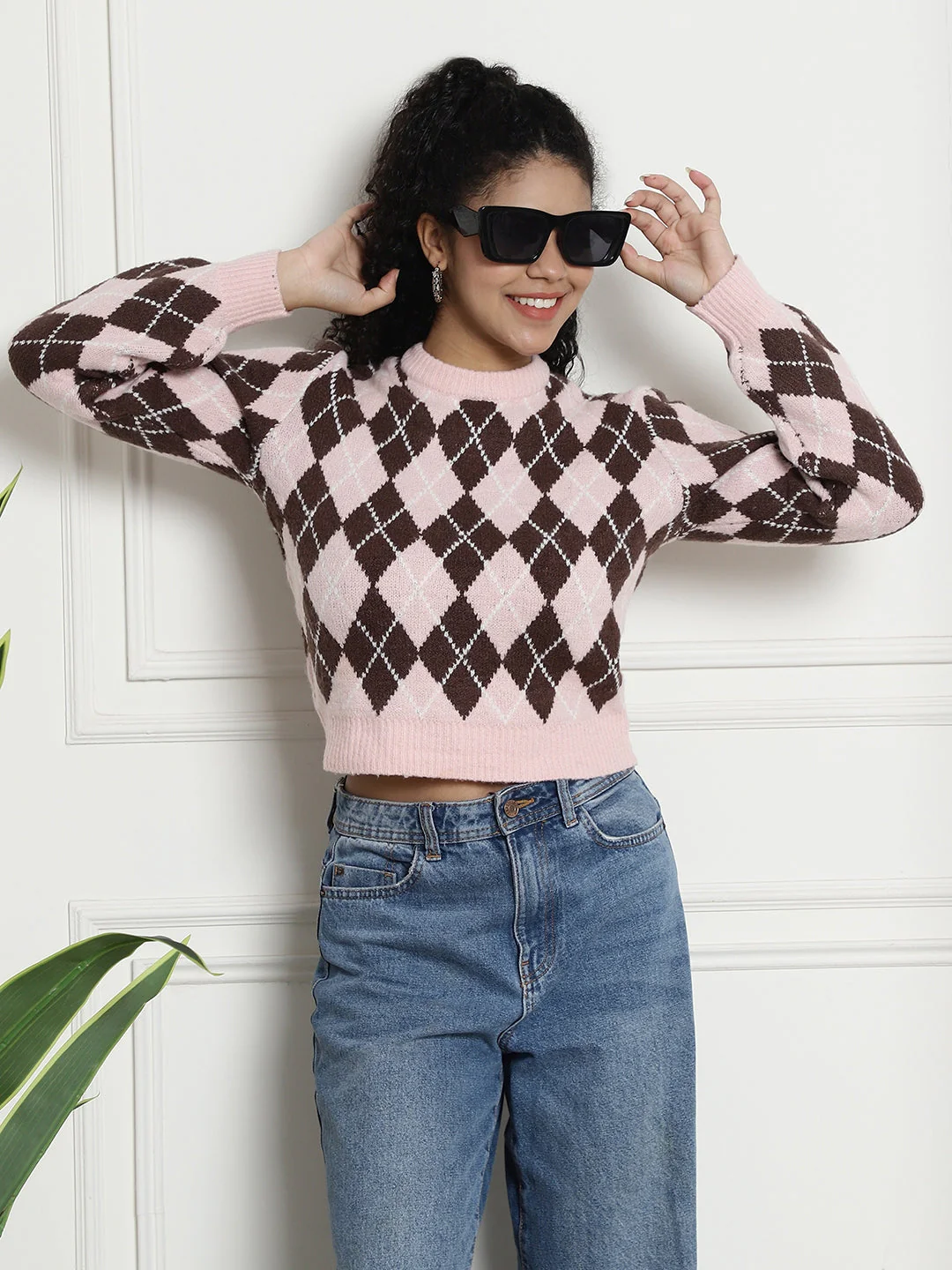 Women Pink Checkered Sweater - Image 2