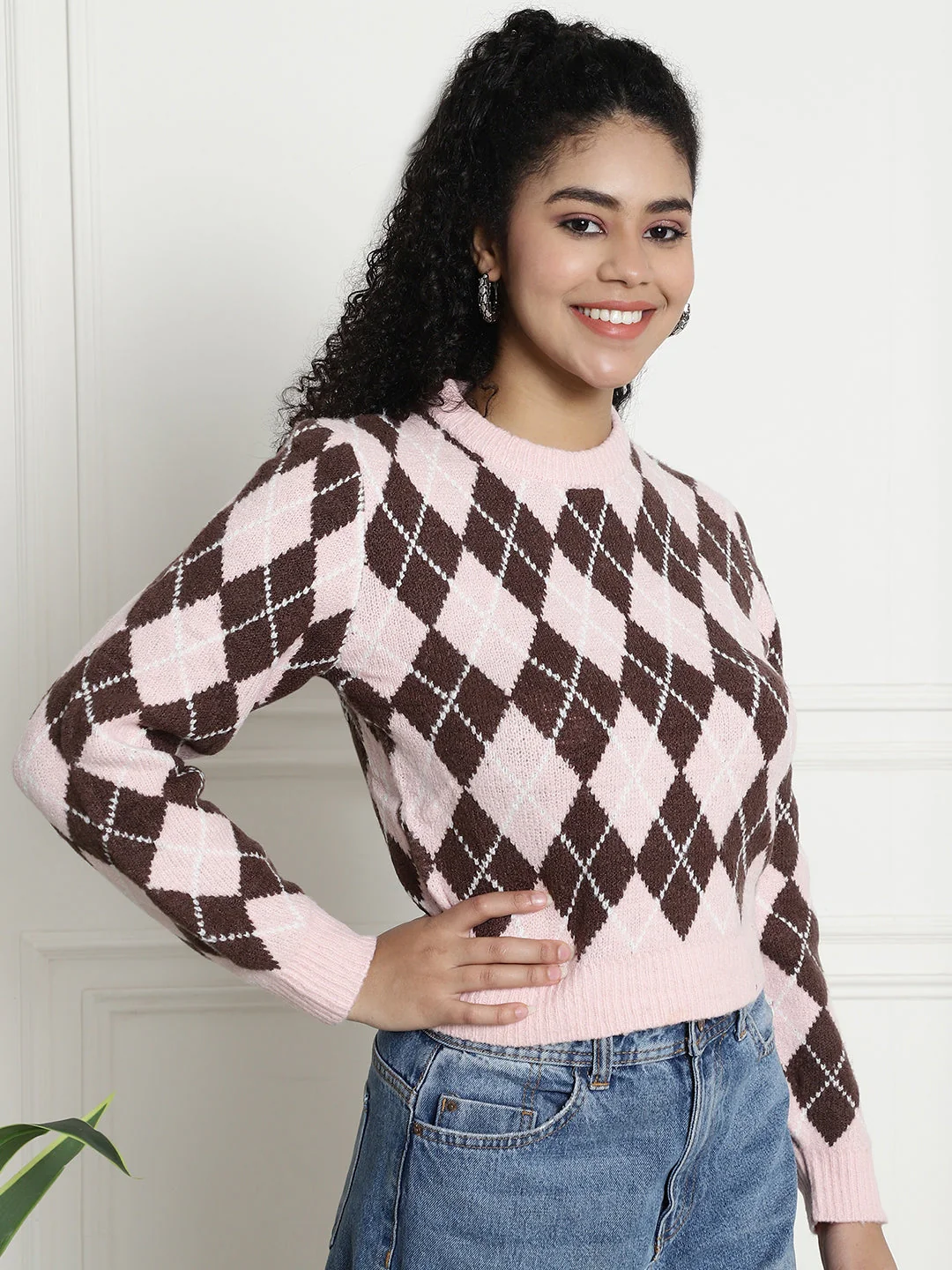 Women Pink Checkered Sweater - Image 4