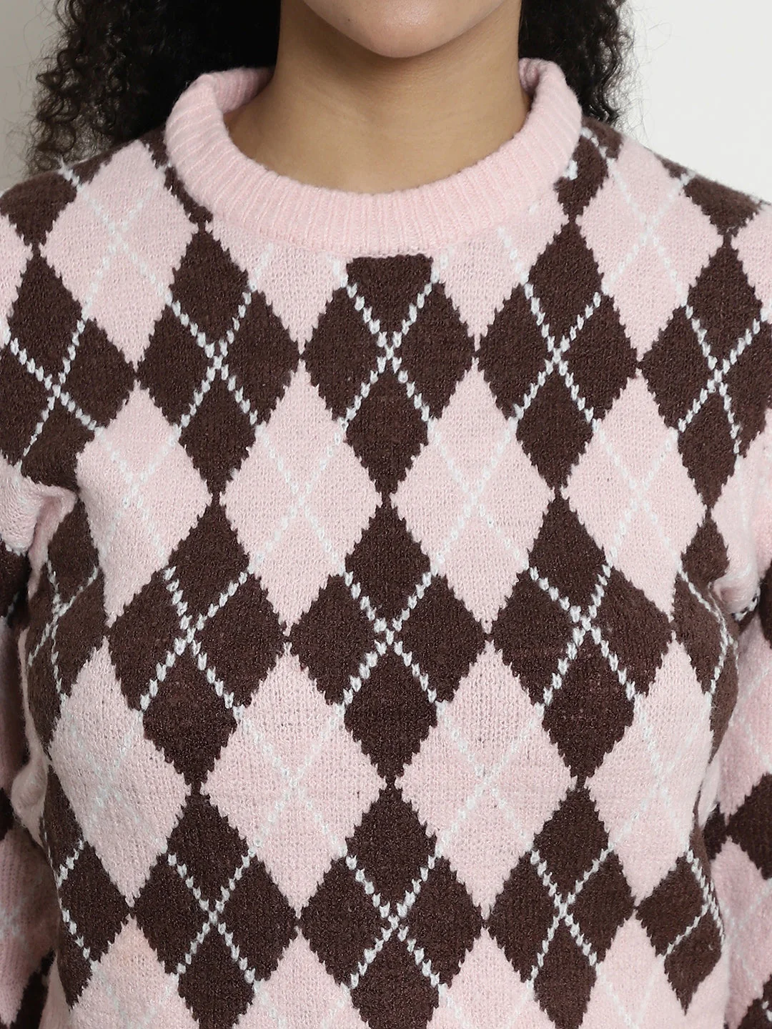 Women Pink Checkered Sweater - Image 5