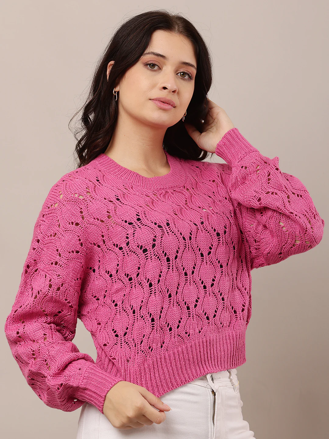 Women Pink Crew Neck Drop Shoulder Crochet Sweater